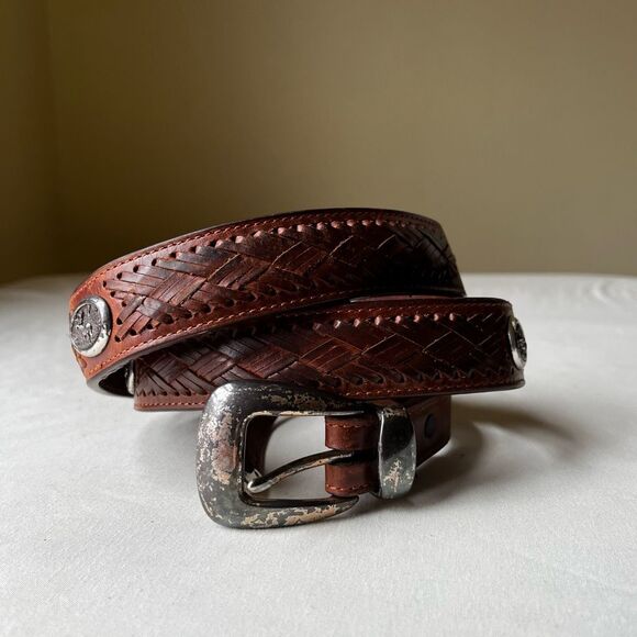 Vintage Western Leather Deer Belt Silver Buckle Conchos Braided Size 42 - Picture 11 of 11